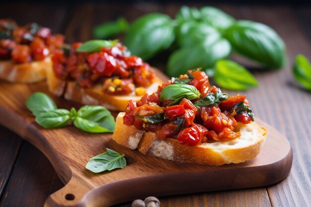 Bruschetta con pomodori secchi e basilico Generative AI