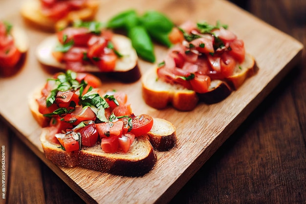 Bruschetta con pomodori secchi e spezie con pane tostato su tagliere di legno