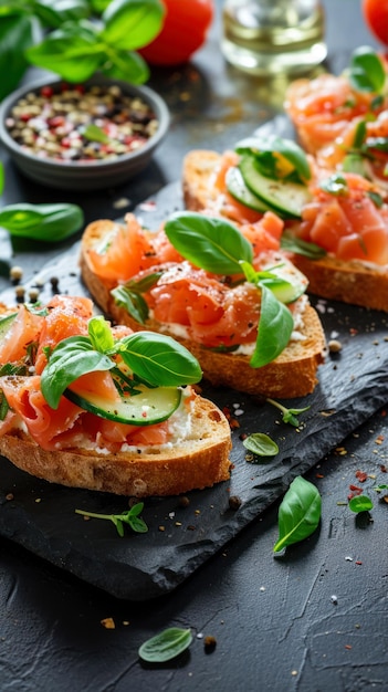 Bruschetta con salmone crema formaggio cetriolo e basilico su sfondo nero