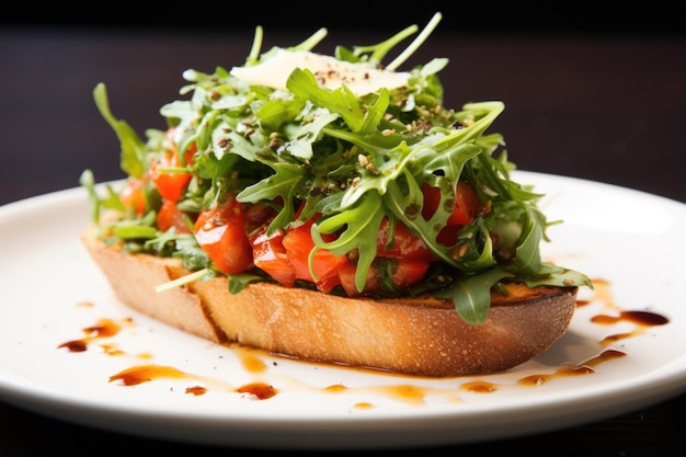 Bruschetta condita con parmigiano pepe rucola e pomodoro