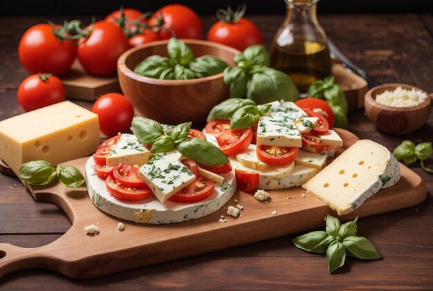 Bruschetta fresca con pomodori, mozzarella e basilico su un tagliere tradizionale italiano