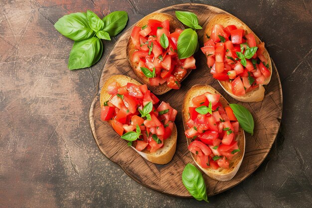 Bruschetta fresca con pomodoro e basilico su una tavola di legno rustico