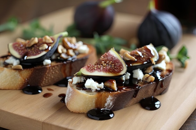 Bruschetta gourmet con formaggio di capra ai fichi e riduzione di balsamico creata con ai generativo