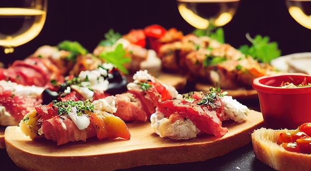 Bruschetta italiana con carne pesce formaggio olive su baguette su vassoio con bicchieri di vino