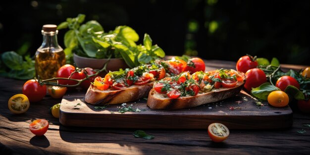 Bruschetta italiana con pomodori fritti, mozzarella ed erbe aromatiche sul tavolo AI generativa