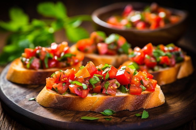 Bruschetta servita con un bicchiere di vino su un tavolo in patio