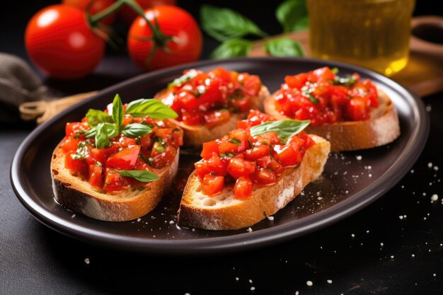 Bruschetta servita su un piatto di ceramica con un rametto di menta