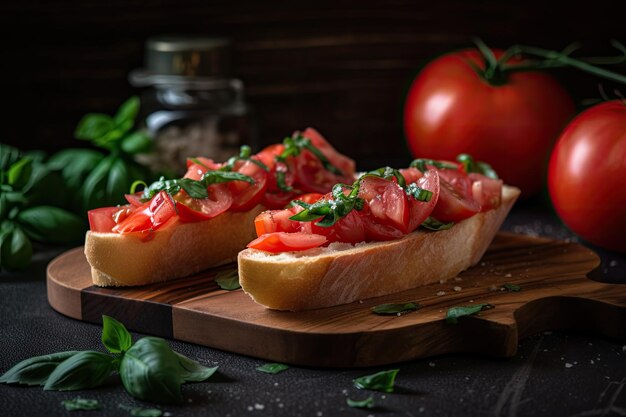 Brushetta su tagliere di legno pronta per essere spalmata