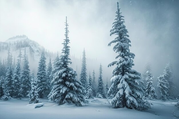 Brutale paesaggio invernale Alberi di abete coperti di neve in contrasto con le montagne nebbiose in una fredda giornata invernale