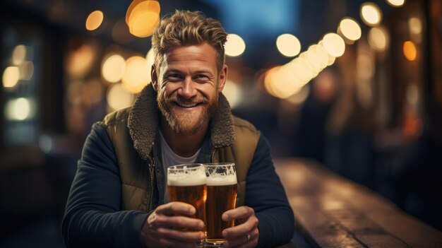 Brutale uomo scandinavo con bicchiere di birra bokeh sfocato sfondo pub