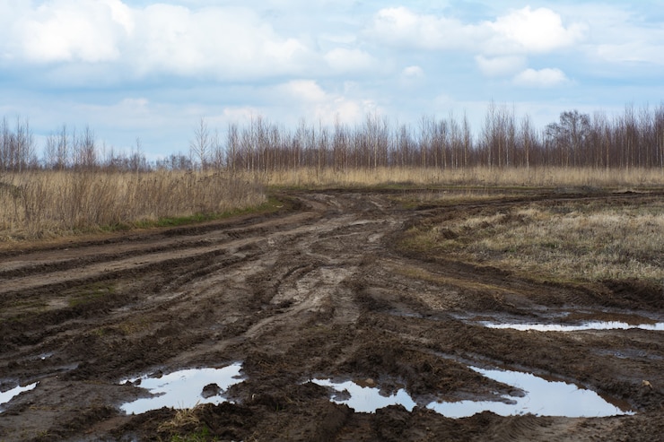 Brutta strada di campagna. Danneggiata una strada sterrata. Argilla, sporco. Problema di concetto con le strade. impatto umano sull'ambiente. Brutta strada russa