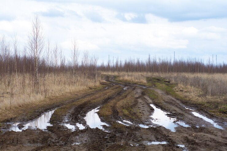 Brutta strada di campagna. Danneggiata una strada sterrata. Argilla, sporco. Problema di concetto con le strade. impatto umano sull'ambiente. Brutta strada russa
