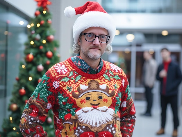 Brutto giorno del maglione di Natale Uomo in abiti divertenti su sfondo festivo all'interno