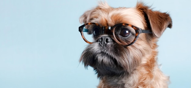 Bruxelles Griffon cane con occhiali su sfondo azzurro Posto banner per il testo generato dall'IA