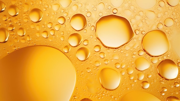 Bubble di olio sullo sfondo liquido dorato con gocce dorate