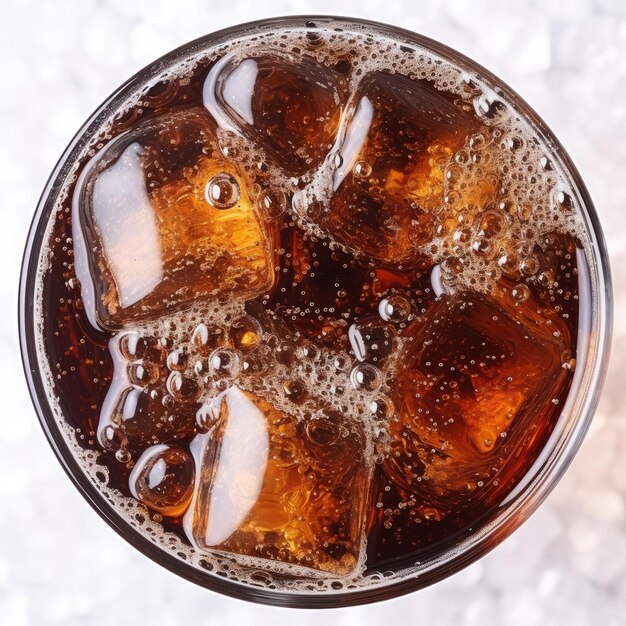 Bubble di soda in una cola con ghiaccio nella freddezza del vetro isolato su uno sfondo bianco