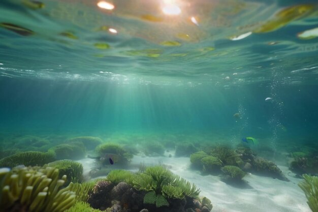 Bubble e bokeh sott'acqua nel limpido oceano verde della California