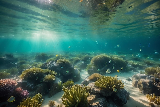 Bubble e bokeh sott'acqua nel limpido oceano verde della California