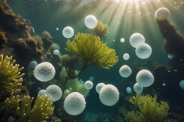 Bubble e bokeh sott'acqua nel limpido oceano verde della California