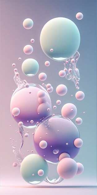 Bubble e liquido che galleggiano su uno sfondo a gradiente blu chiaro e rosa Tecnologia generativa di IA