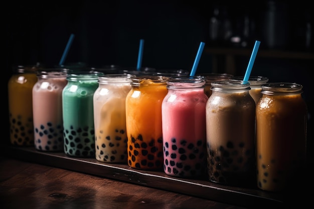 Bubble Tea Delight Una varietà di sapori pronti da sorseggiare in uno scatto cinematografico