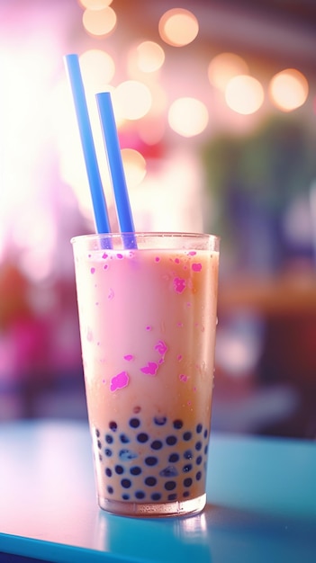 Bubble tea in un bicchiere con cannucce blu