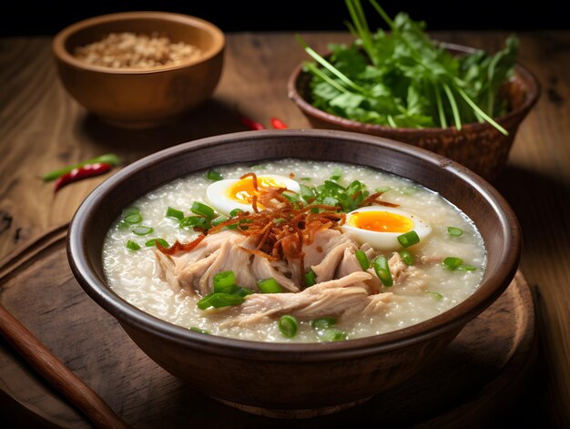 Bubur ayam o congee di pollo è un porridge di riso indonesiano coperto di pollo tritato e vari sa