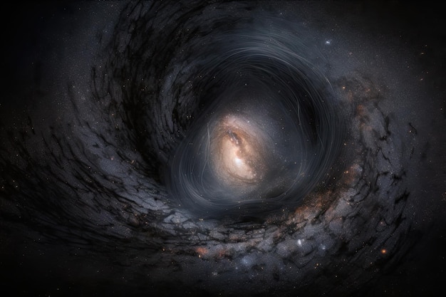 Buco nero circondato da turbinio di gas e polvere con galassie sullo sfondo