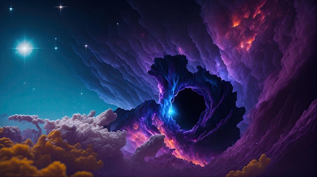 Buco nero con nebulosa su stelle colorate e nuvole