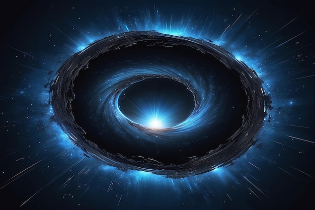 Buco nero con stelle in movimento e lampi di luce su uno sfondo blu