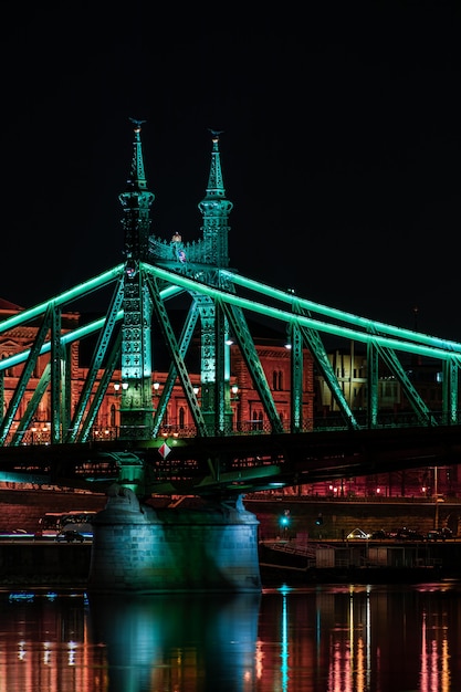 Budapest di notte, Ponte della Libertà sul Danubio, riflesso delle luci notturne sull'acqua