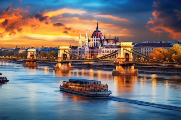 Budapest Ungheria Ponte delle catene e fiume Danubio al tramonto Budapest con il ponte delle catene e il parlamento Ungheria Generato dall'intelligenza artificiale
