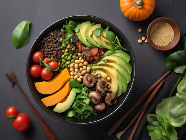 Buddha bowl Avocado mung bean zucca funghi pomodori e lattuga in una ciotola nera Vegan Diet Top