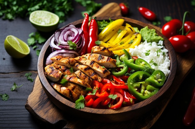 Buddha Bowl fresco con pollo e riso alla griglia con avocado