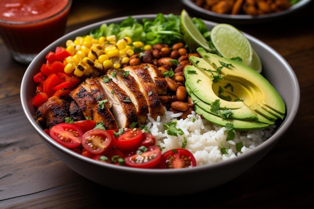 Buddha Bowl fresco pieno di pollo alla griglia, ceci piccanti e riso