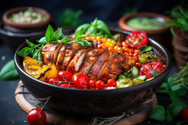 Buddha Bowl fresco pieno di pollo alla griglia, ceci piccanti e riso