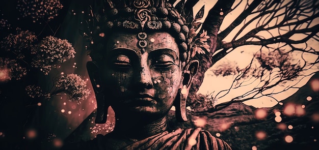 Buddha con gli occhi aperti sotto un albero di loto spiritualcore