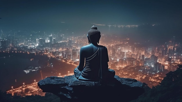 Buddha con veduta notturna di una metropoli del futuro GENERATE AI