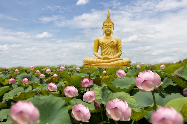 Buddha d'oro con fiori di loto