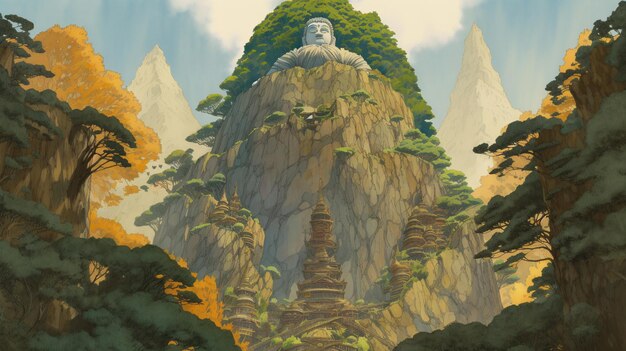 Buddha medita sulla montagna tra paesaggi ispirati allo Studio Ghibli e ad Avatar con sfondi panoramici e templi