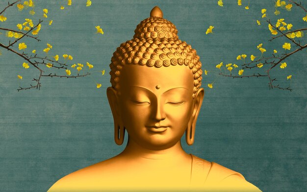 Buddha meditazione sfondo ramo foglie gialle illustrazione carta da parati 3d
