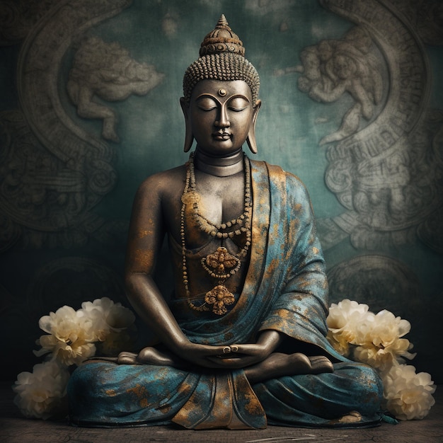 Buddha Purnima Statua di Buddha meditazione sfondo floreale