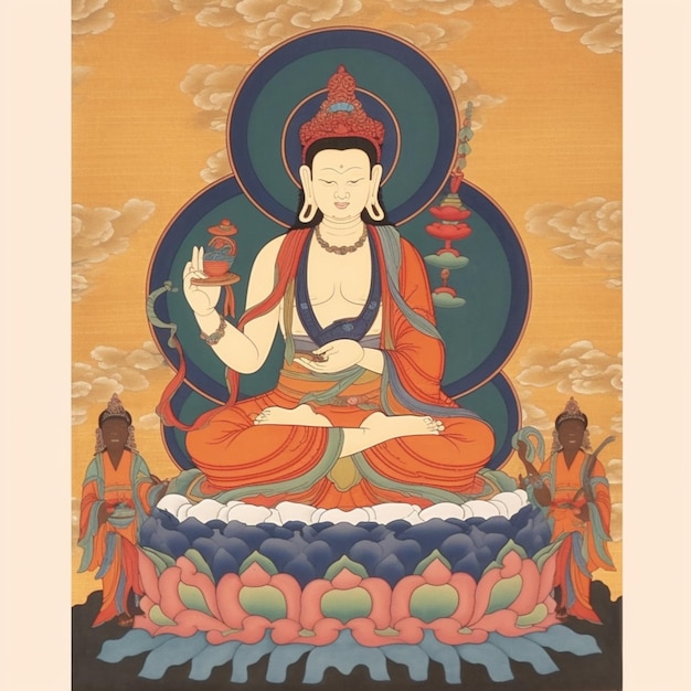 Buddha seduto su un fiore di loto con tre uomini in piedi nelle vicinanze generativo ai