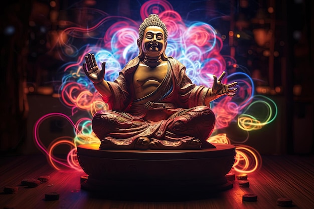 Buddha seduto su un tavolo di legno e ridendo con luci colorate ai suoi piedi nello stile di