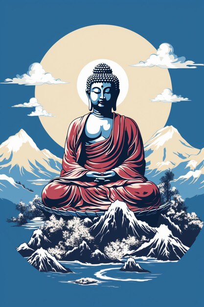 Buddha seduto su una roccia di fronte a una montagna con una luna piena generativa ai