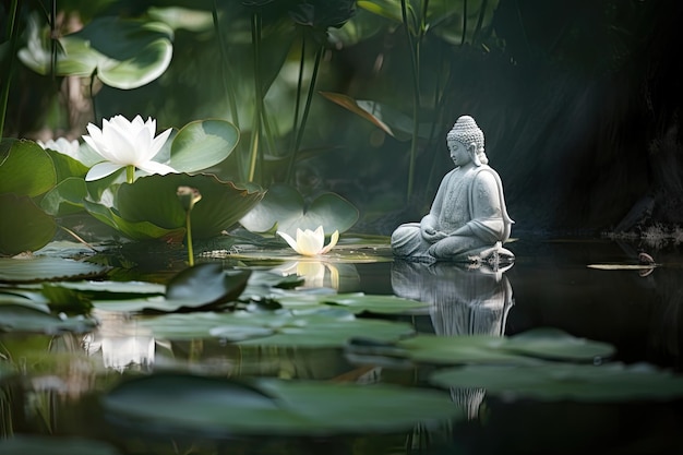 Buddha sereno in riva al lago riflessi tranquilli IA generativa