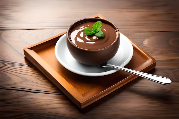 Budino al cioccolato tazza marrone plastica con cucchiaio isolato su sfondo bianco