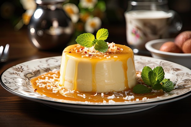 Budino al cocco con caramello e cocco grattugiato generativa IA