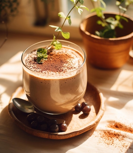 Budino di chia al cioccolato in un bicchiere e su un tavolo di legno