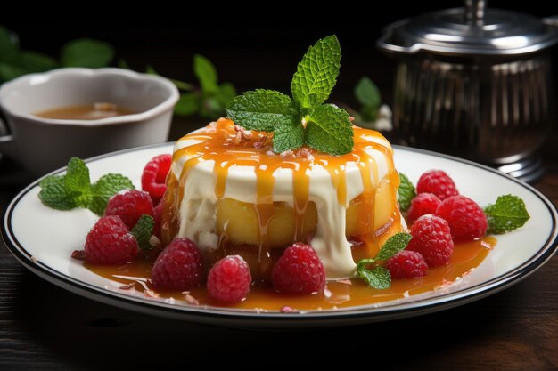 Budino dorato con lamponi caramellati e menta generativa IA